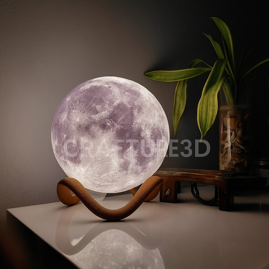 🌕 Işıklı 3D Ay Lambası – El Yapımı Standlı Dekoratif Aydınlatma